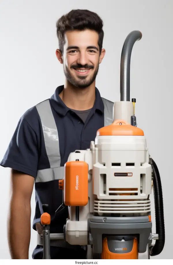 A smiling man with a beard is standing next to a large machine.