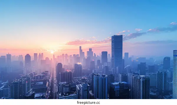 A cityscape of high-rise buildings in the early morning with a sunrise over the horizon