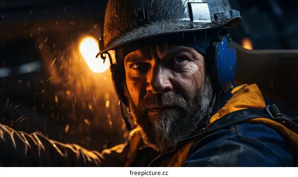 Portrait of a male mine worker wearing industrial safety gear in a dark underground mine.