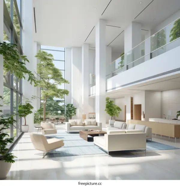 A modern office lobby with a large indoor garden