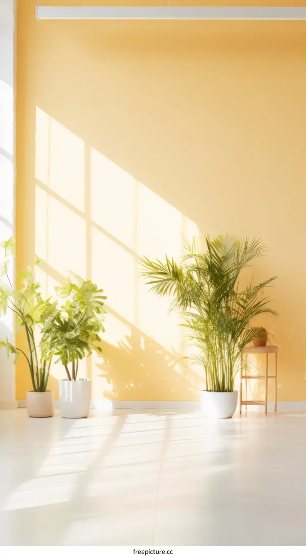 Indoor plants in front of yellow wall with shadows