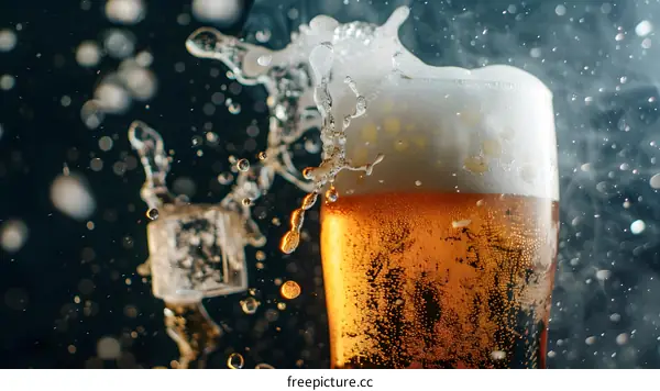 Cold Beer in Glass with Ice and Splashing Water