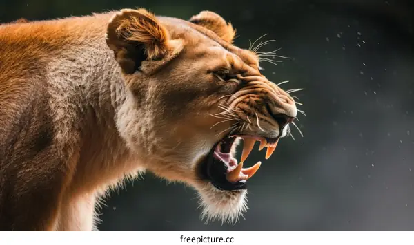 Lioness Roaring in the Rain or Dust