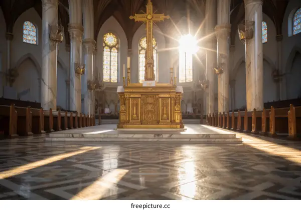 Altar and Stained Glass Windows in Church with Sunlight Streaming Through