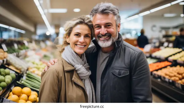 Happy couple shopping for groceries in a supermarket