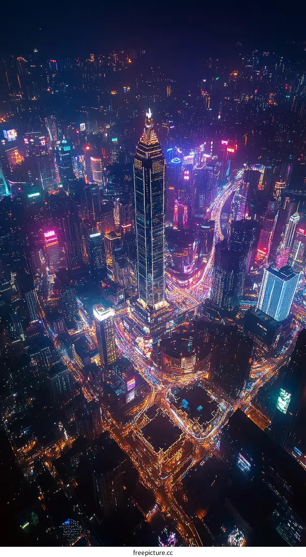 Aerial View of a Vibrant Night Cityscape