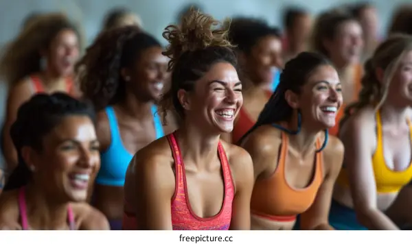 A group of diverse women are sitting in a yoga class smiling and laughing