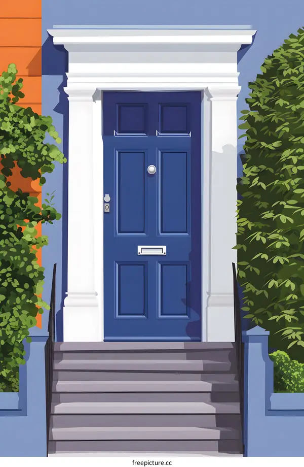 Blue Door Front Entrance with Steps and Plants