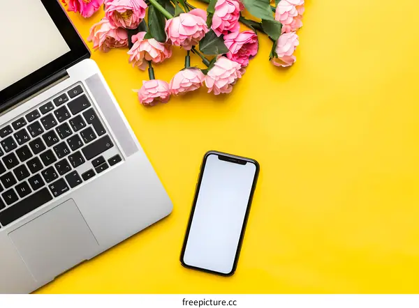 Laptop, Phone and Flowers on Yellow Background