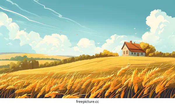 Summer Landscape with House in Wheat Field