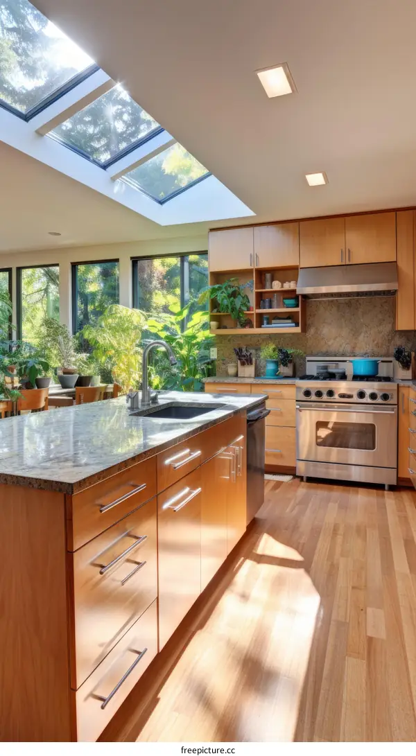 Skylights and windows fill this kitchen with natural light