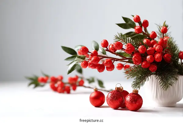 Christmas Decoration Arrangement with Red Berries and Ornaments