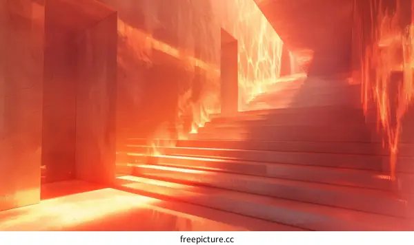 Eerie Red-Lit Staircase in Liminal Space