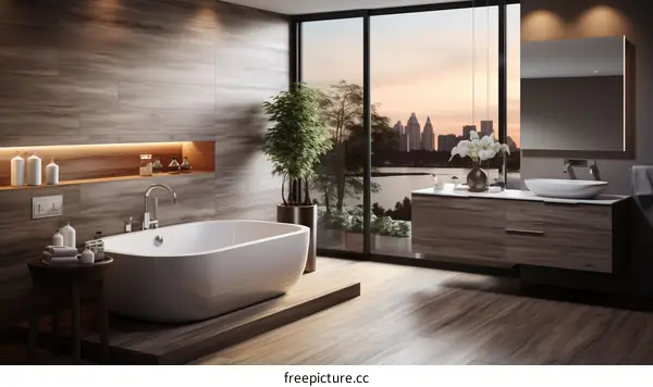 Luxury bathroom with a view of the city