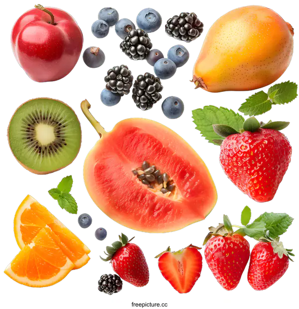 [Transparent Background PNG]Fresh Fruit Collage with Kiwi, Papaya, Orange, and Berries