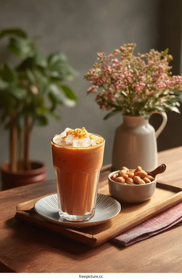 Delicious Iced Thai Tea with Almonds on Wooden Table