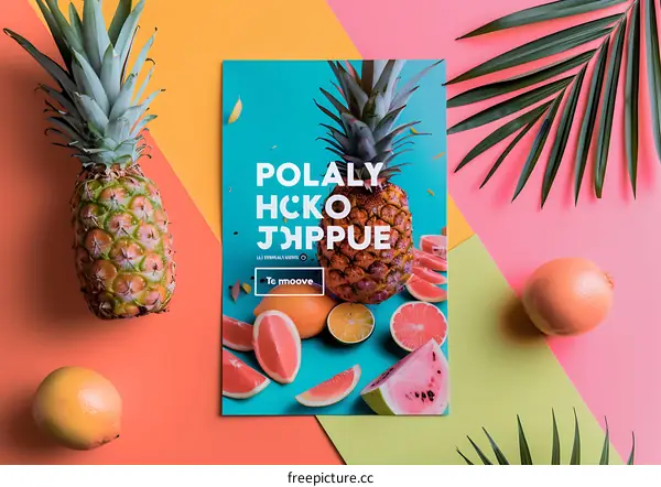 Colorful Summer Fruits Flat Lay with Pineapple and Palm Leaves