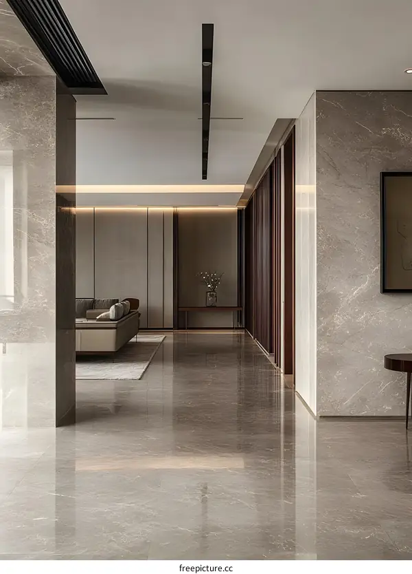 Modern Interior Design with Marble Floor and Wooden Wall