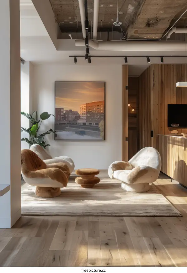 Modern Living Room with Furry Chairs and Large Artwork