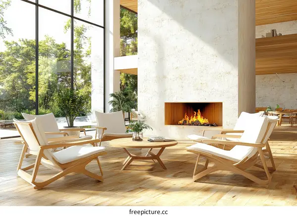 Modern Living Room with Fireplace and Large Windows