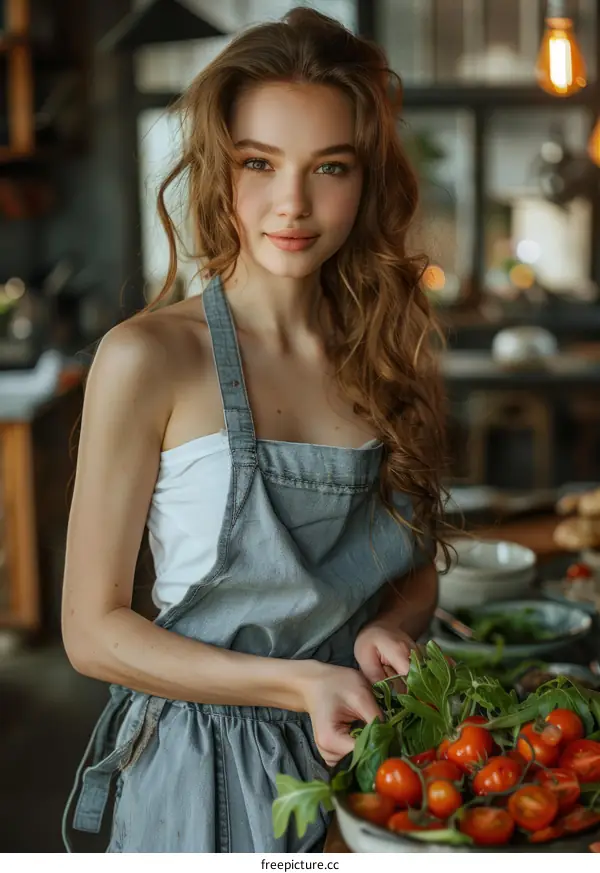 Stunning Woman Cooking Salad in Kitchen