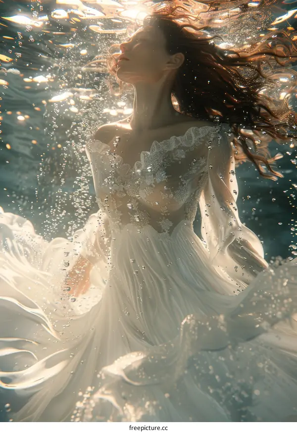 An ethereal underwater photoshoot of a woman in a white dress
