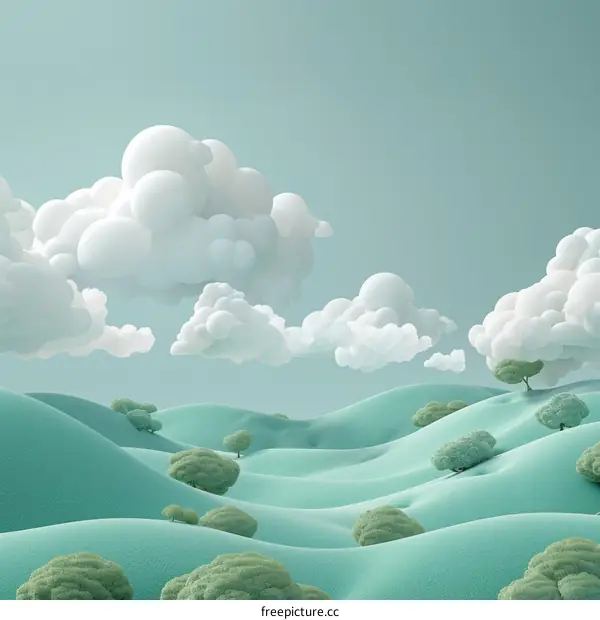 Pastel Landscape with Fluffy Clouds