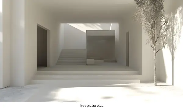 Modern Minimalist White Interior Design with Stairs and Sunlight