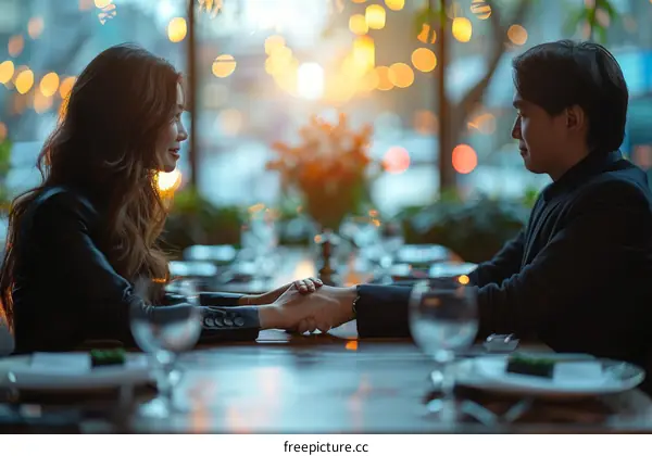 Asian couple holding hands in a restaurant
