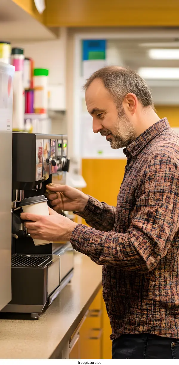 Man Making Coffee Using Office Coffee Machine