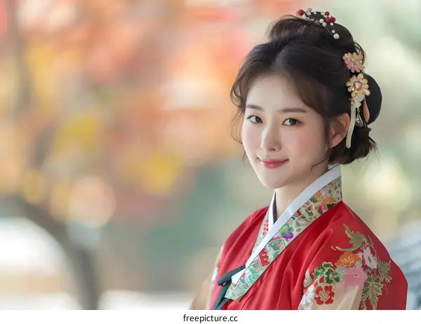Portrait of a young woman in traditional Korean dress, or Hanbok