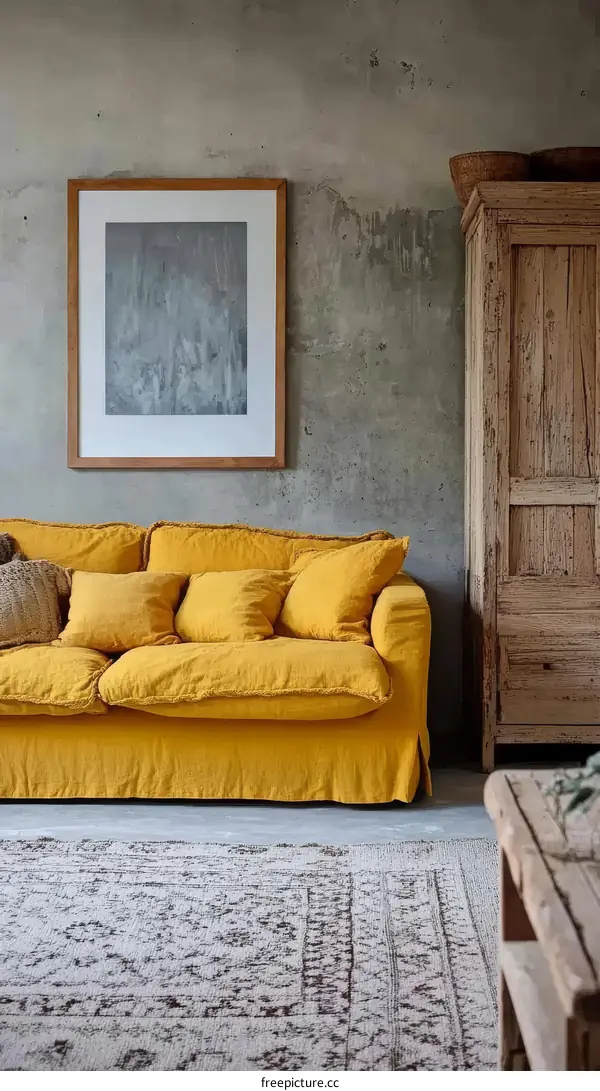 Mustard Yellow Sofa in a Modern Rustic Living Room