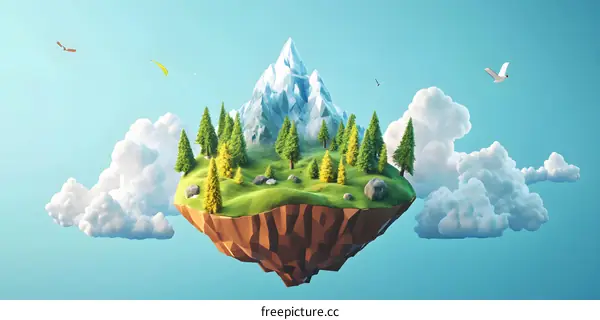 Floating Island With Mountains and Trees in a Blue Sky