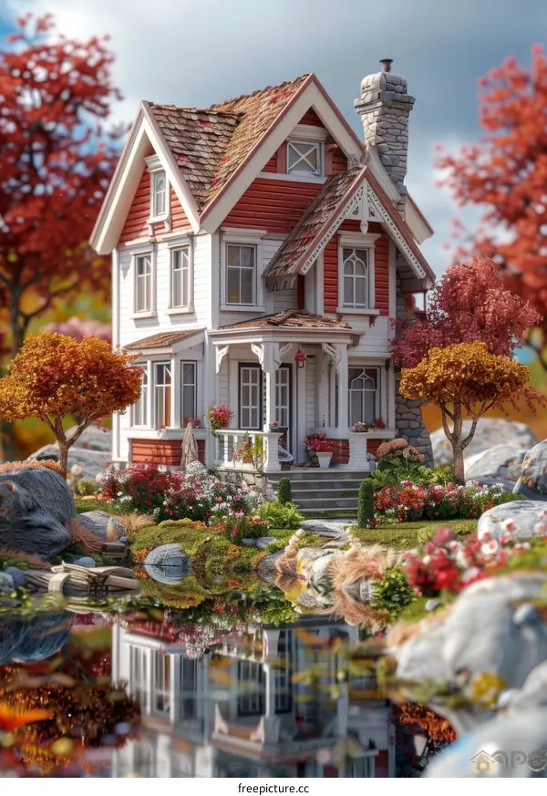 Small red and white house in autumn forest