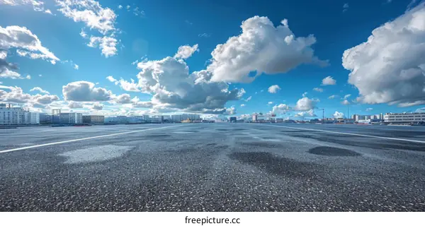 Asphalt Road Leading to City Skyline with Cloudy Sky