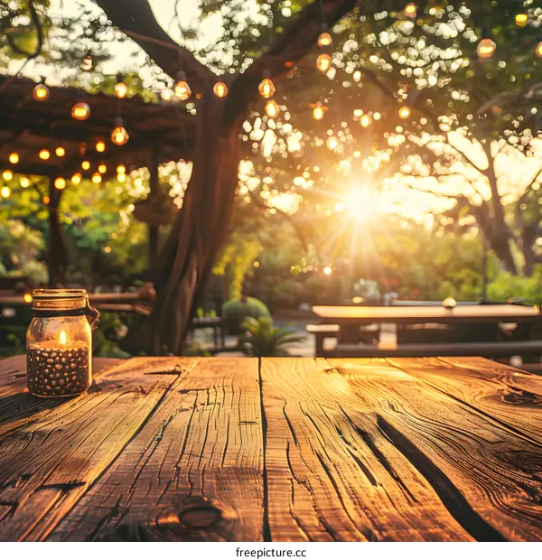 Wooden Table with Blurred Garden Background and Lights