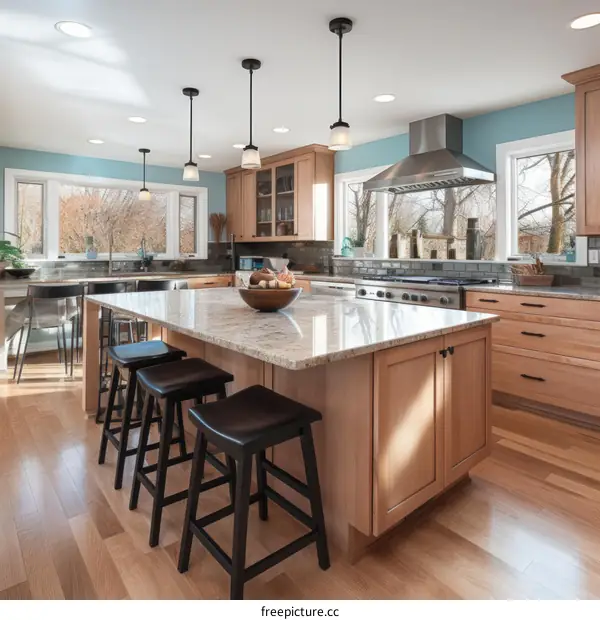 Modern kitchen with large island and stainless steel appliances