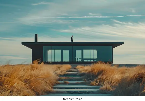 Modern Minimalist House with a Man Walking on the Rooftop