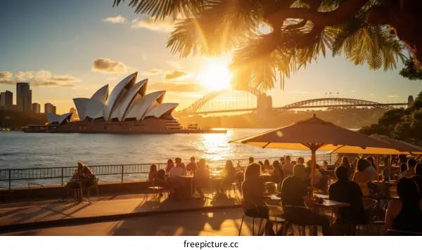 People enjoying the sunset at the Sydney Opera House