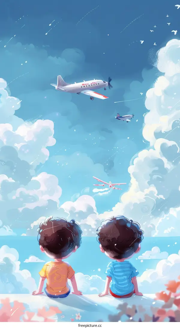 Two Boys Gazing at Airplanes in the Sky