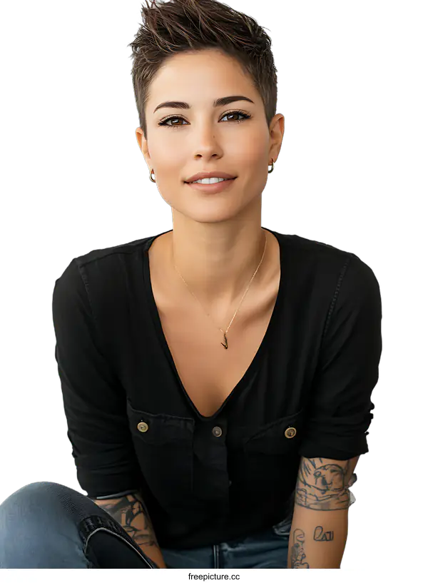 [Transparent Background PNG]Portrait of a Young Woman with Short Hair and Tattoos