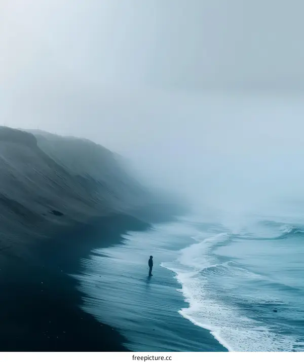 Man standing alone on a beach with large waves crashing on the shore
