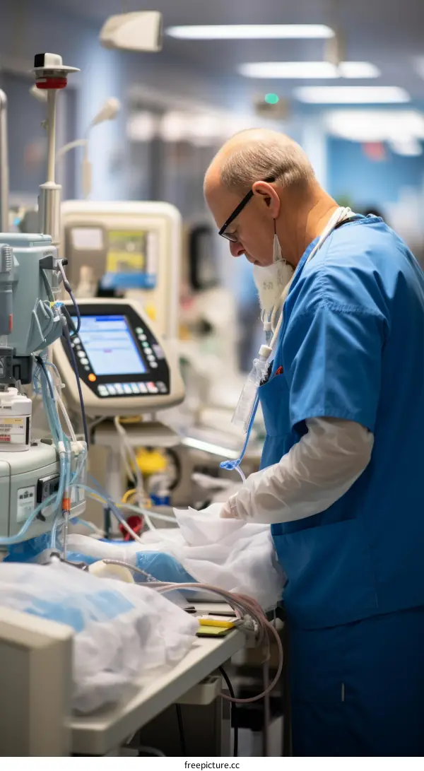 Doctor wearing blue scrubs and glasses works at a hospital