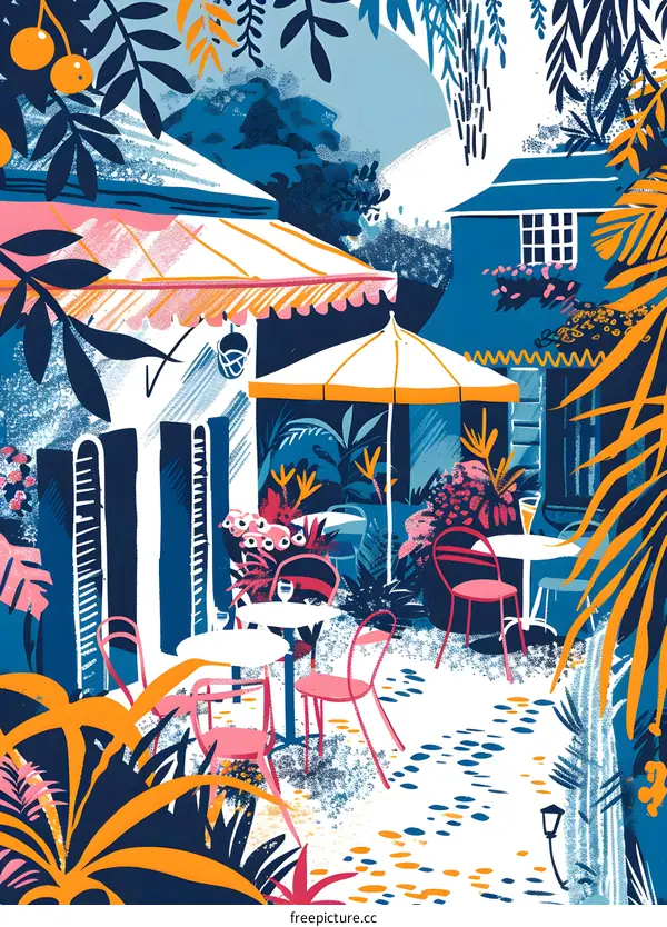 Summer Cafe Illustration with Bright Colors and Lush Tropical Plants