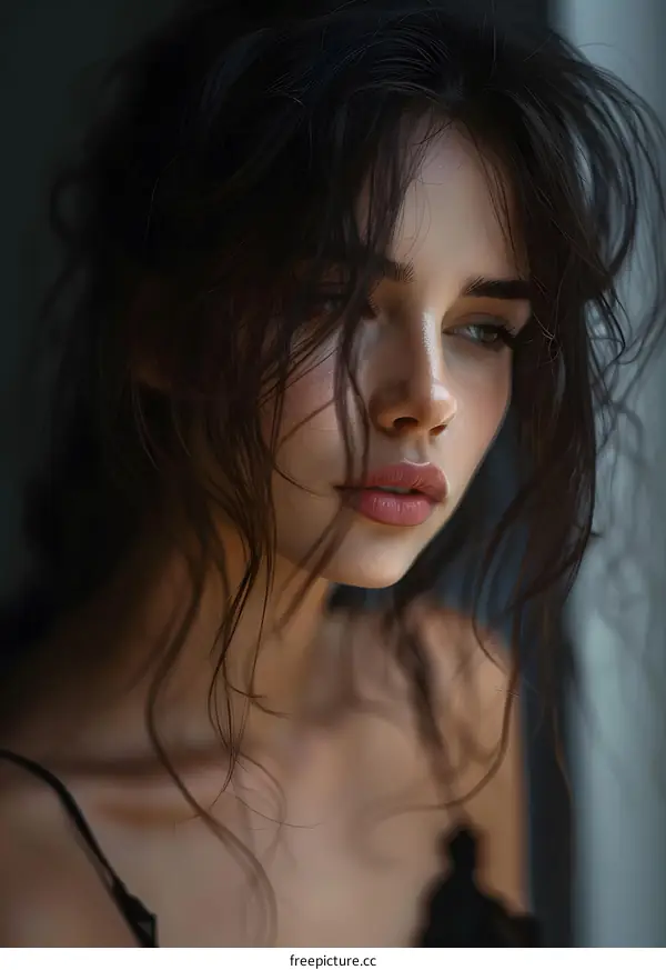 Closeup Portrait of a Beautiful Young Woman with Long Brown Hair