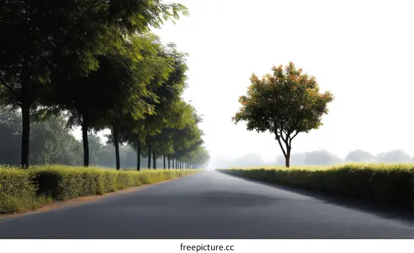 Empty Road Through Trees Lined Pathway