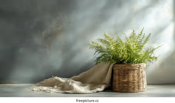 Rustic Plant in Woven Basket Against a Gray Wall