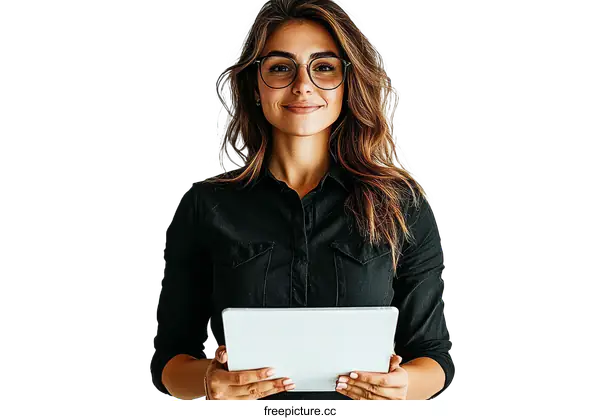 [Transparent Background PNG]Confident Woman Holding Tablet