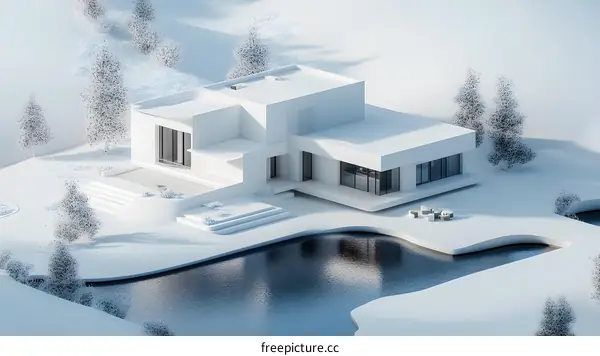 Modern Minimalist White House with Pond