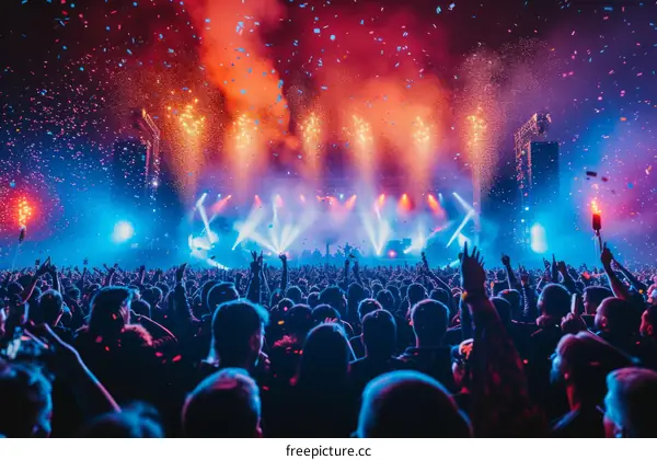 Fireworks and confetti at a music festival